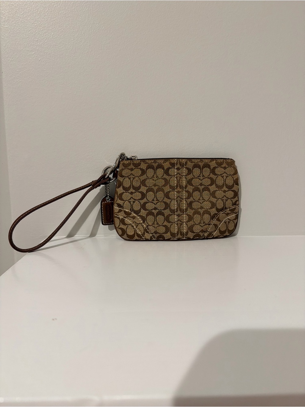 Coach Brown Signature Canvas Wristlet with Leather Strap
